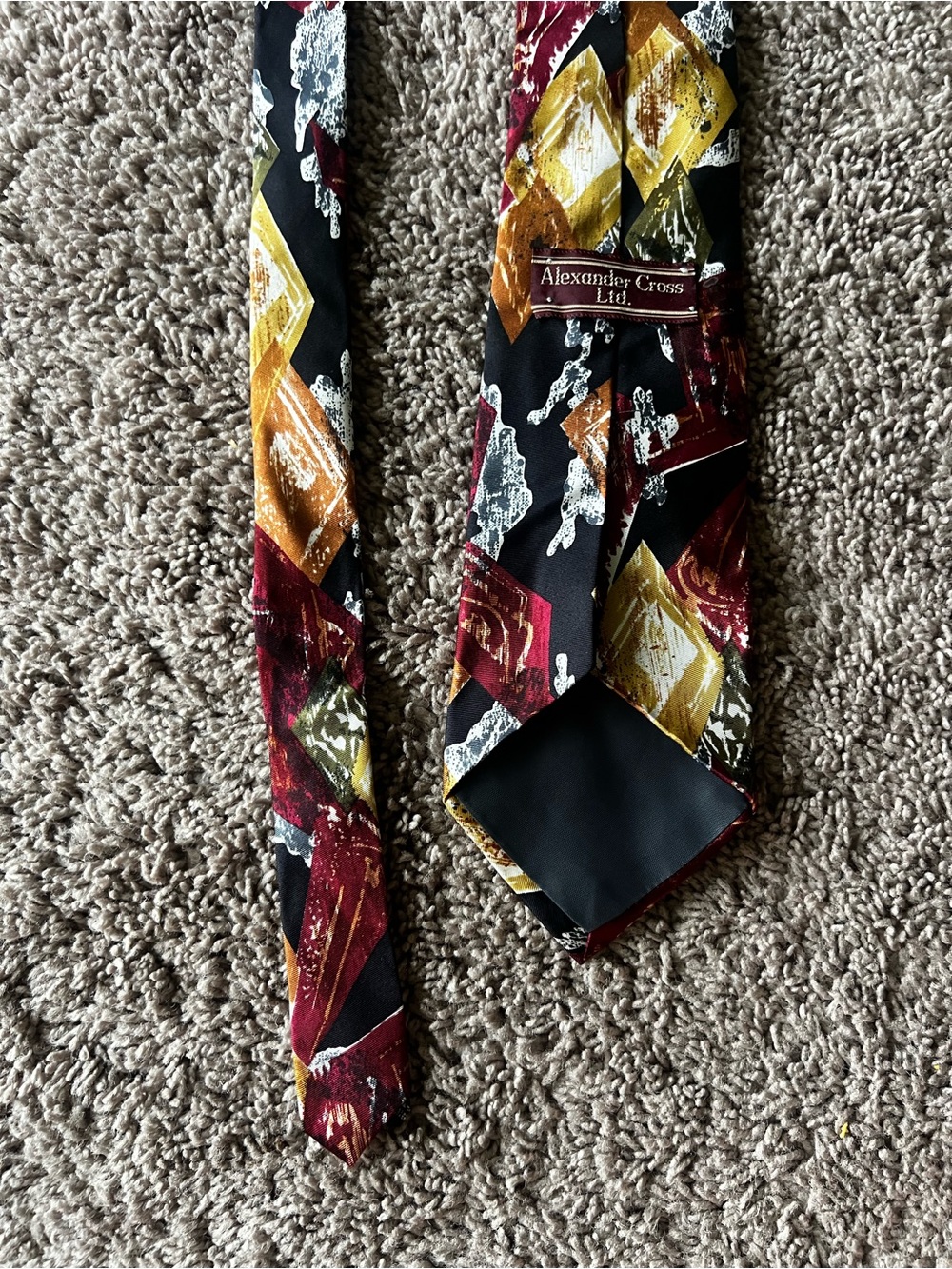 Alexander Cross Ltd Silk Black Red Gold Geometric Pattern Handmade Mens Necktie